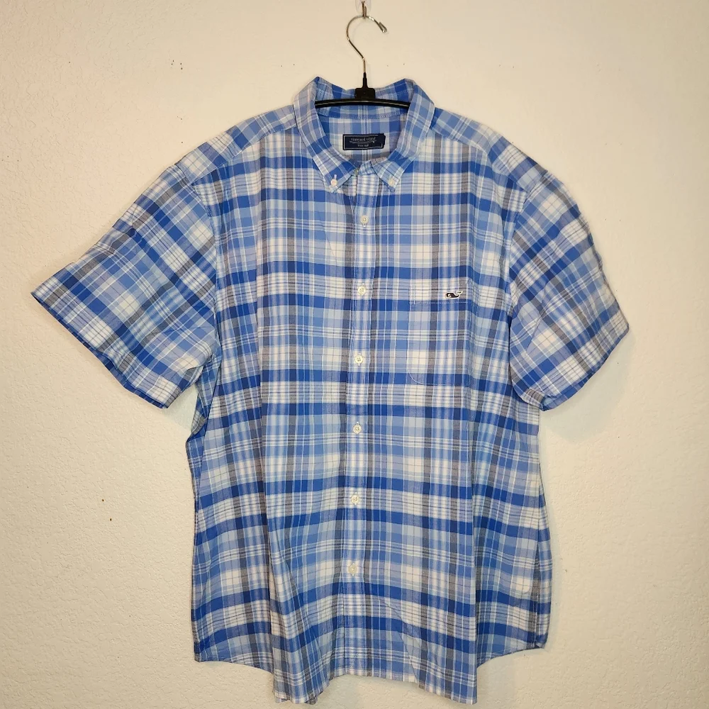 Vineyard‎ Vines Blue Plaid Men's Short Sleeve Shirt, Size XXL